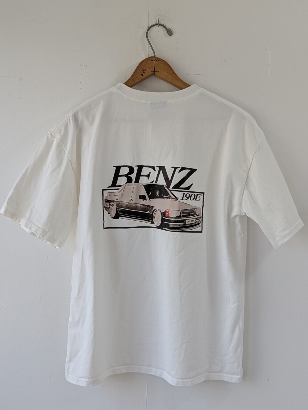 Vintage Giant Teejays 190E Benz White Graphic T-Shirt Cotton Size Large